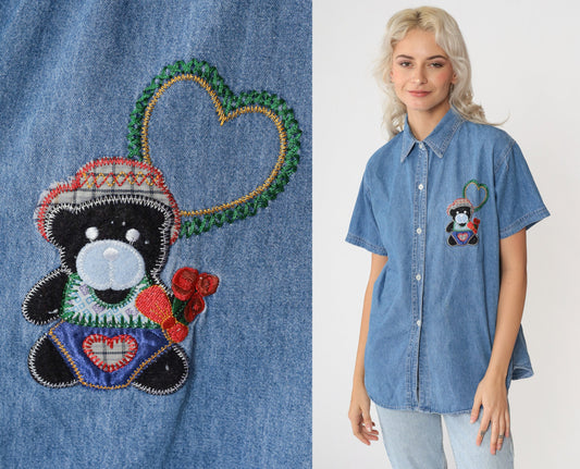 90s Cactus Clothing Denim Button Down Teddy Bear Heart Embroidered Shirt Medium
