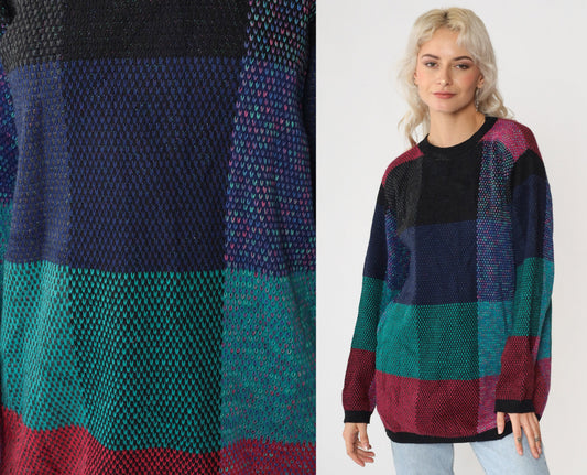 90s Alfred Dunner Color Block Crewneck Sweater Black Green Blue Small