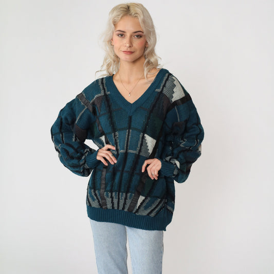 90s Urban Works Geometric Leather Trim Sweater Teal Blue Black V-Neck Large L