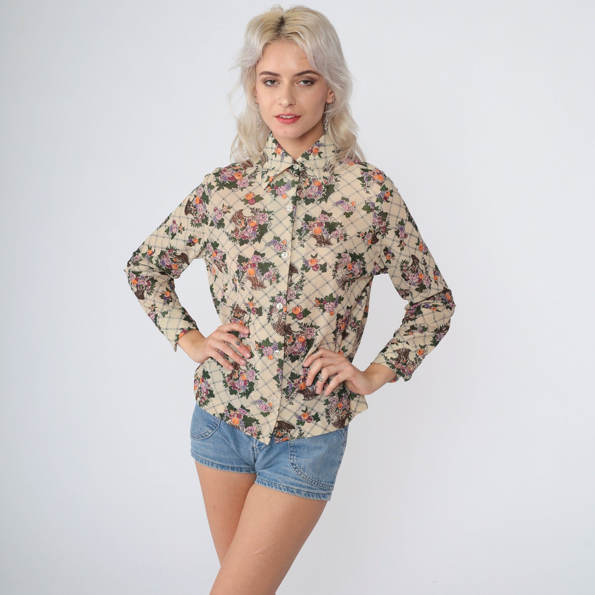 70s Holiday of California Checkered Floral Button-Up Blouse Cream Small