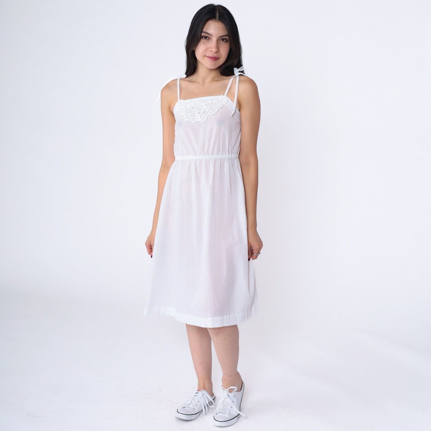 70s White Lace Spaghetti Strap Sun Dress High Waist Mini Extra Small