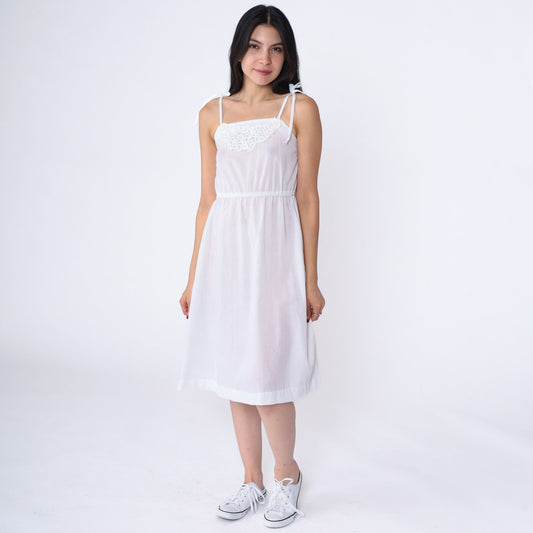 70s White Lace Spaghetti Strap Sun Dress High Waist Mini Extra Small