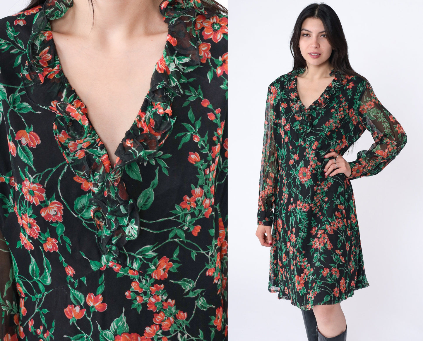 70s Floral Babydoll Mini Dress Empire Waist V-Neck Long Sleeve Black Large