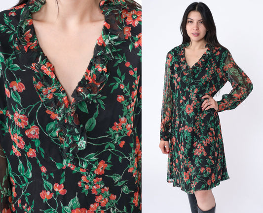 70s Floral Babydoll Mini Dress Empire Waist V-Neck Long Sleeve Black Large
