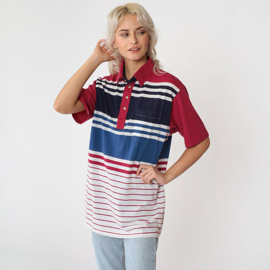 90s Striped Polo Shirt Raspberry Red Navy White Collared Cotton Large