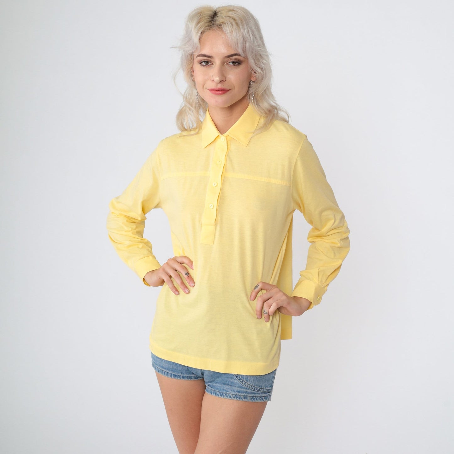 80s Yellow Cotton Blend Button-Up Blouse Collared Long Sleeve Medium