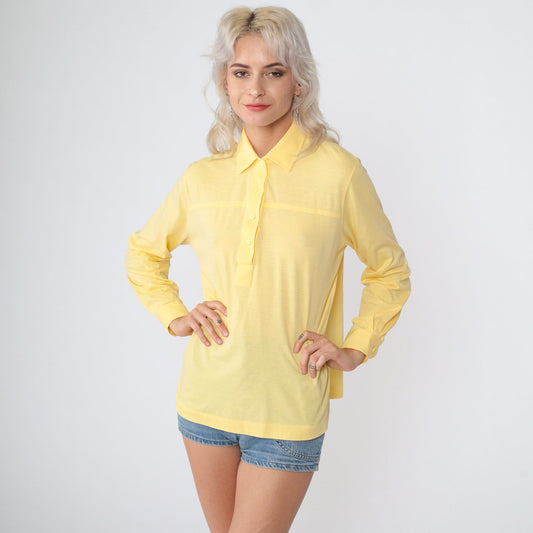 80s Yellow Cotton Blend Button-Up Blouse Collared Long Sleeve Medium