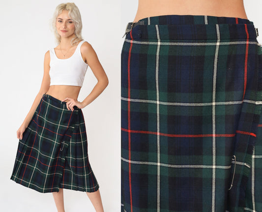 80s Navy Plaid Wool Midi Skirt High Waist Pleated Kilt Medium