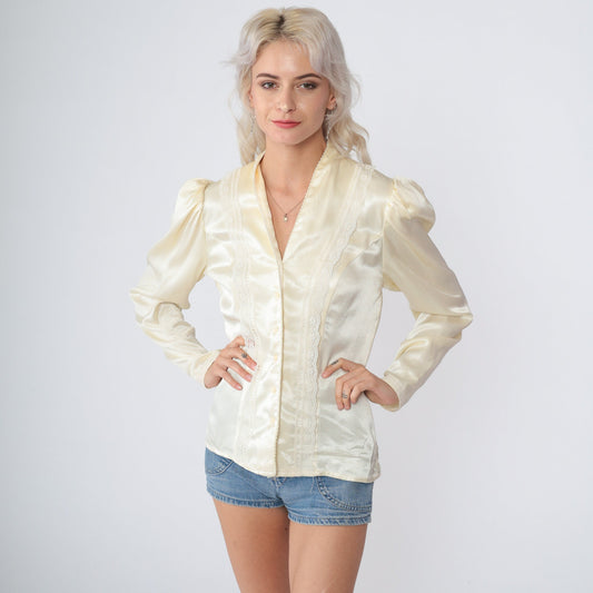 Gunne Sax 70s Cream Satin Blouse Pearl Beaded V-Neck Puff Sleeve Small