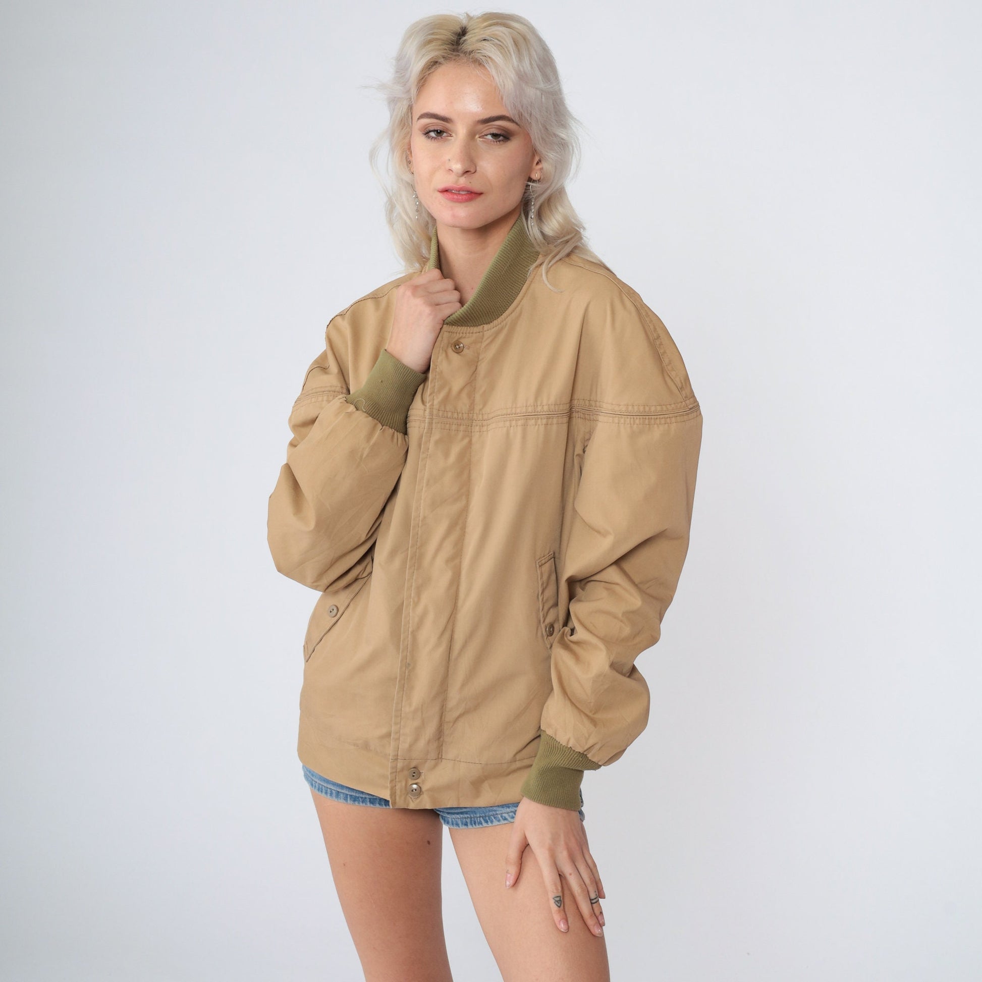 70s Tan Bomber Jacket Zip-Up Plaid Flannel Lining Small
