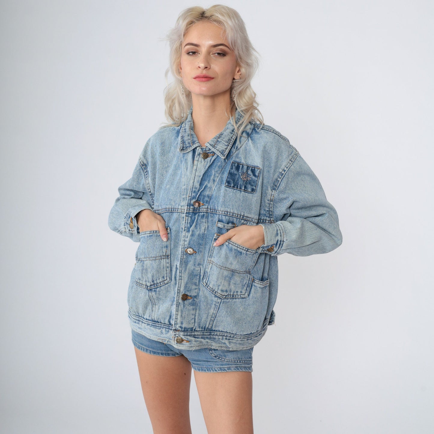 90s Denim Cargo Jacket Blue Jean Helicopter Embroidered Utility Pockets Small