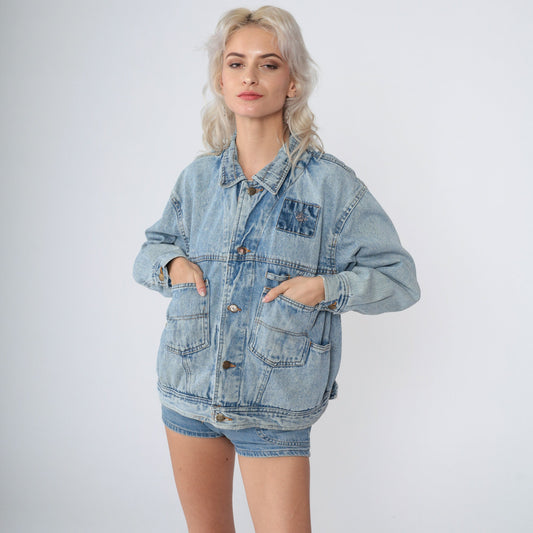 90s Denim Cargo Jacket Blue Jean Helicopter Embroidered Utility Pockets Small