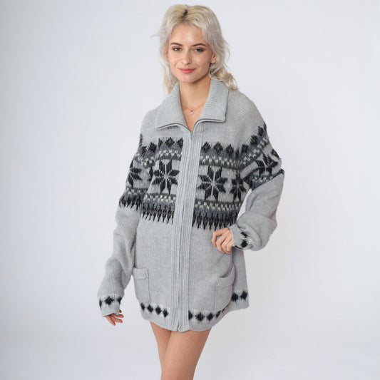 80s London Fog Nordic Snowflake Cardigan Grey Zip-Up Knit Large Tall