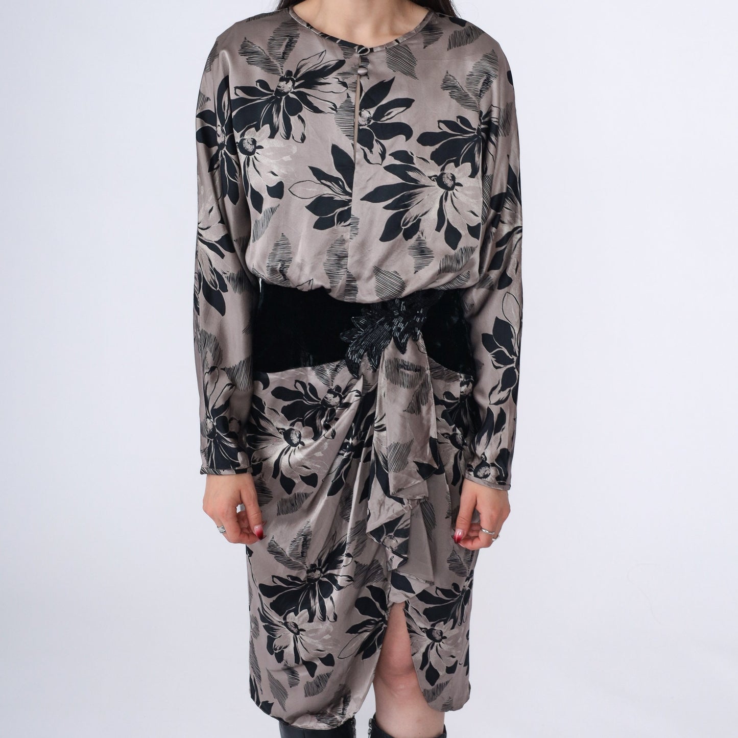 80s Silk Studio Floral Midi Dress Taupe Black Velvet Beaded Small 6