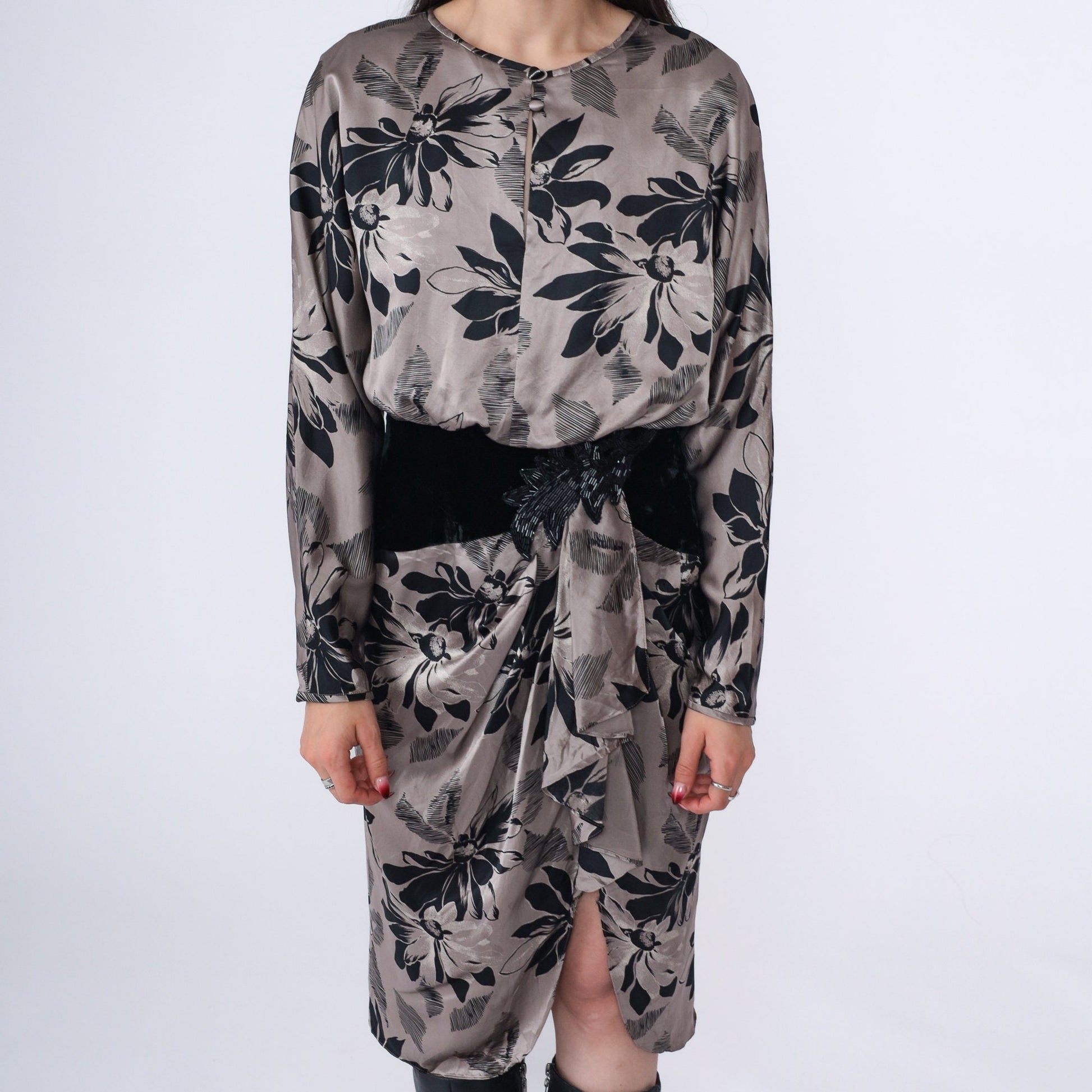 80s Silk Studio Floral Midi Dress Taupe Black Velvet Beaded Small 6