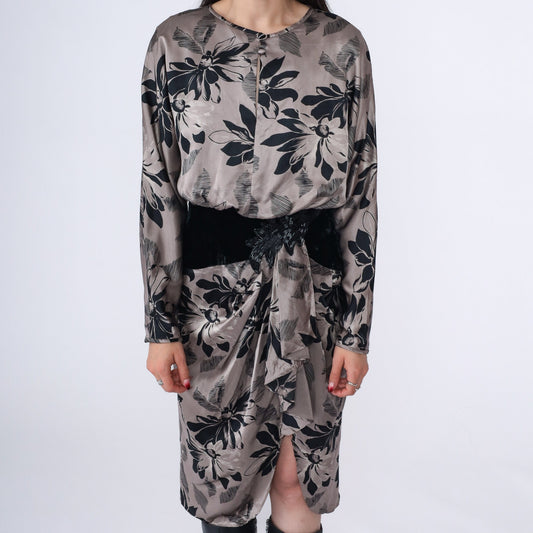 80s Silk Studio Floral Midi Dress Taupe Black Velvet Beaded Small 6