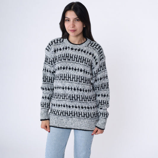 90s Geometric Striped Crewneck Sweater Grey Black Knit Pullover Small
