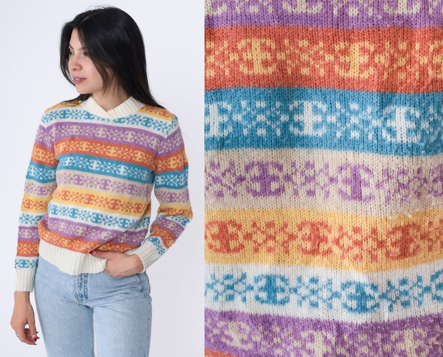 80s Nordic Snowflake Fair Isle Shawl Collar Sweater Purple Blue Cream Extra Small