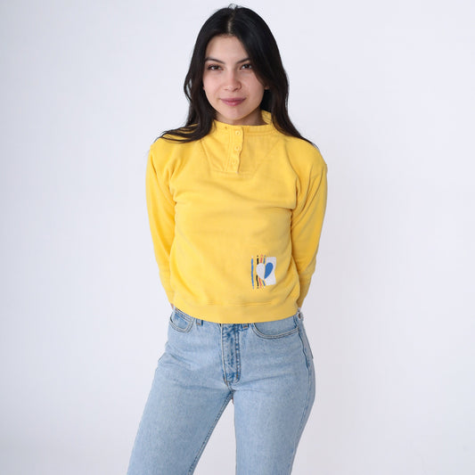 90s Yellow Heart Print Funnel Neck Sweatshirt Cropped Extra Small