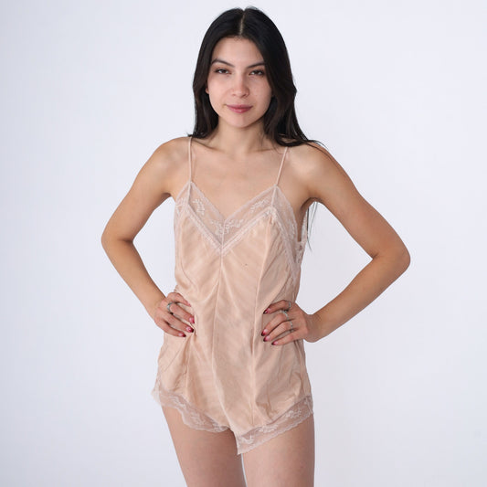 80s Yves Saint Laurent Beige Lace Teddy Bodysuit Spaghetti Strap Small