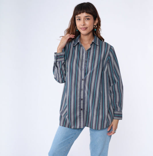 00s Striped Oxford Button-Up Blouse Purple Blue White Long Sleeve Medium