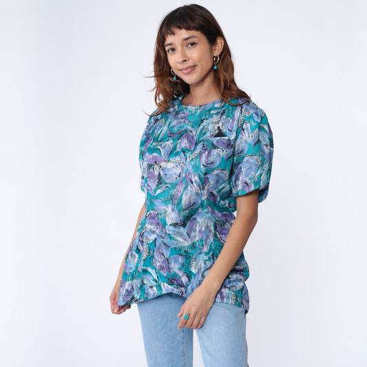80s Abstract Floral Shirt Turquoise Purple Pocket Blouse Princess Seam Large L