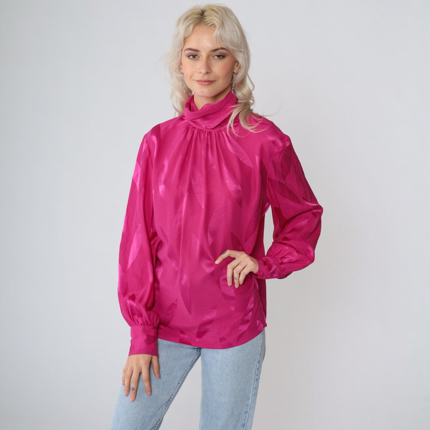 80s Pink Silk Blouse Mock Neck Balloon Sleeve Embossed Leaf Print Small S