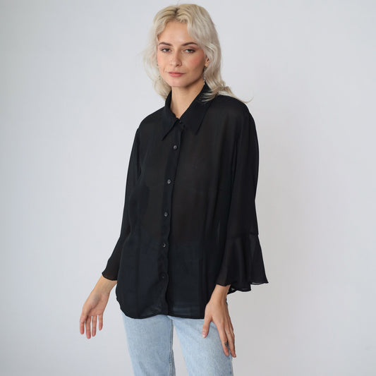 90s Black Sheer Button-Up Blouse Flounce Angel Bell Sleeve Large