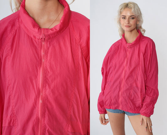 90s Hot Pink Nylon Windbreaker Zip-Up Jacket Medium M