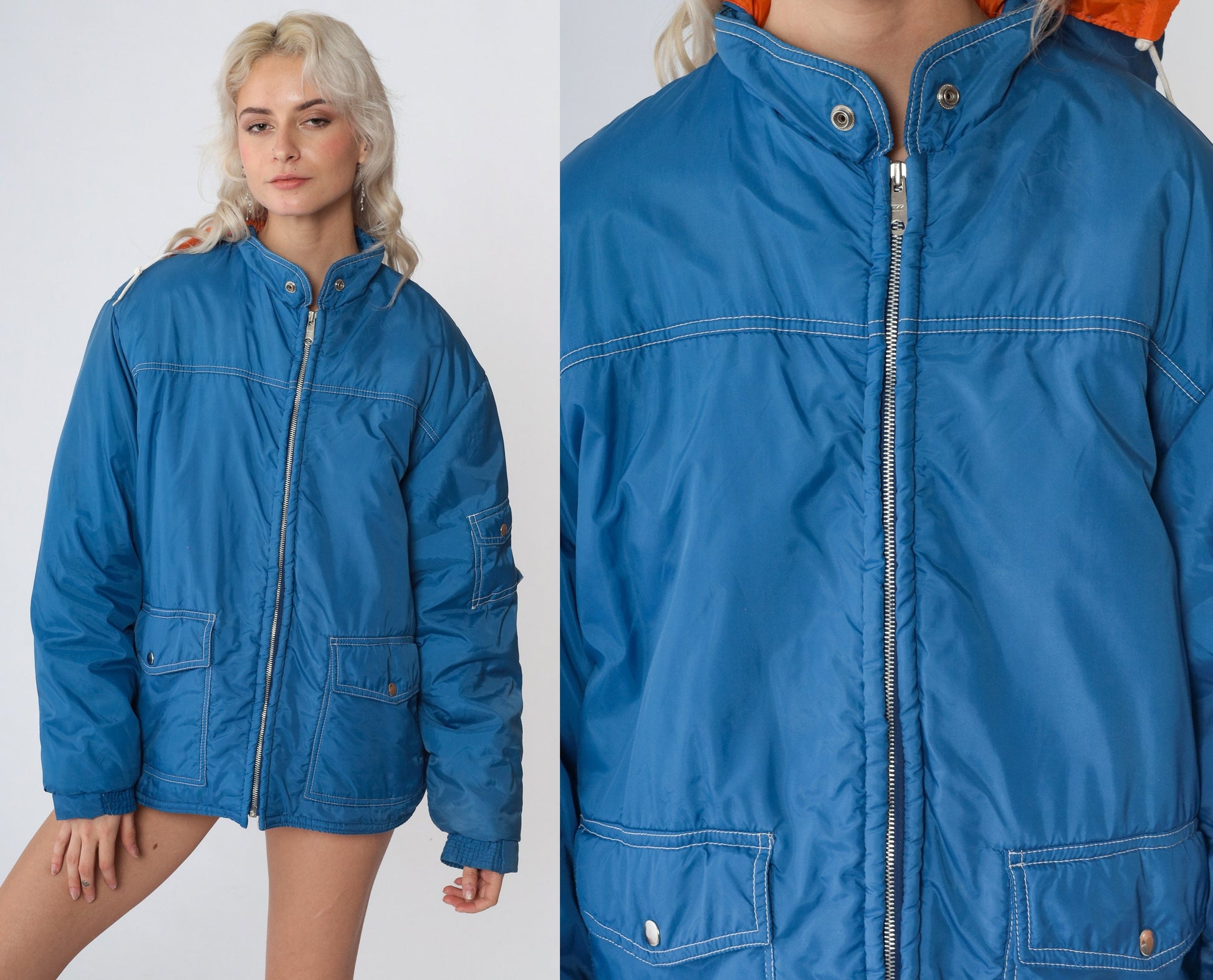 80s Blue Puffer Ski Jacket Orange Lining Hooded Zip Coat Large L