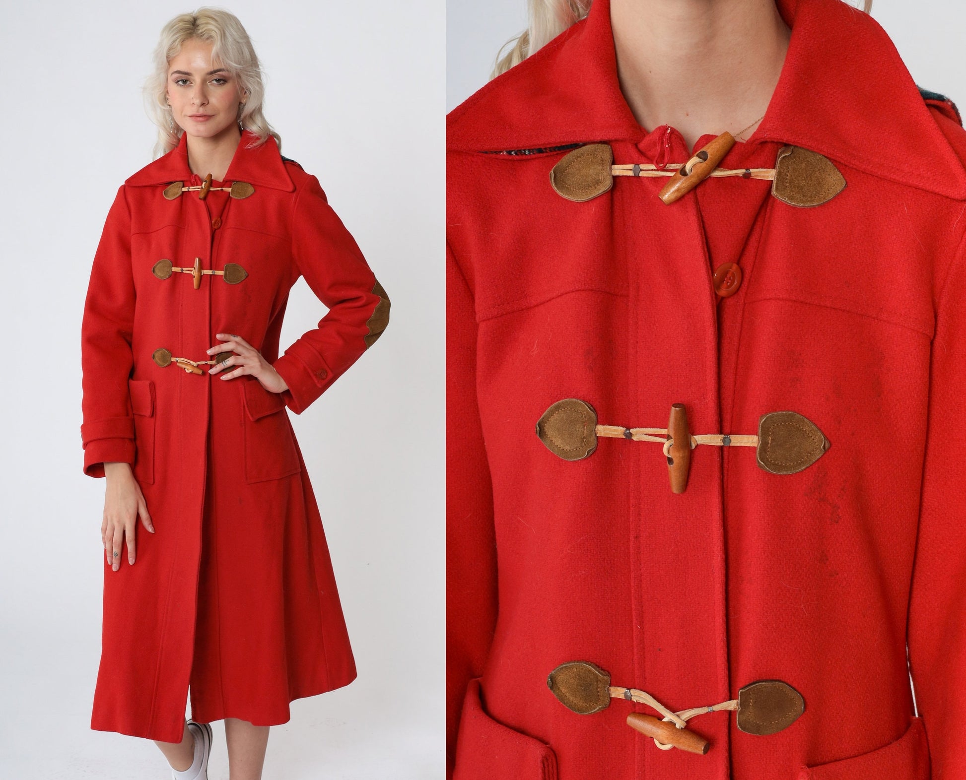 70s Red Wool Trench Coat Toggle Buttons Hood Elbow Patches Small