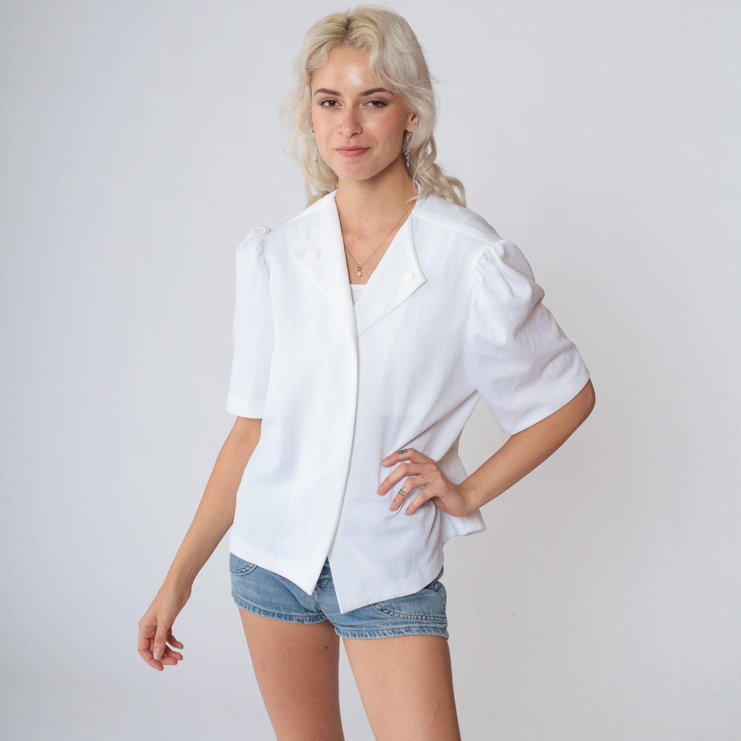 70s White Puff Sleeve Open Front Blouse Extra Large XL