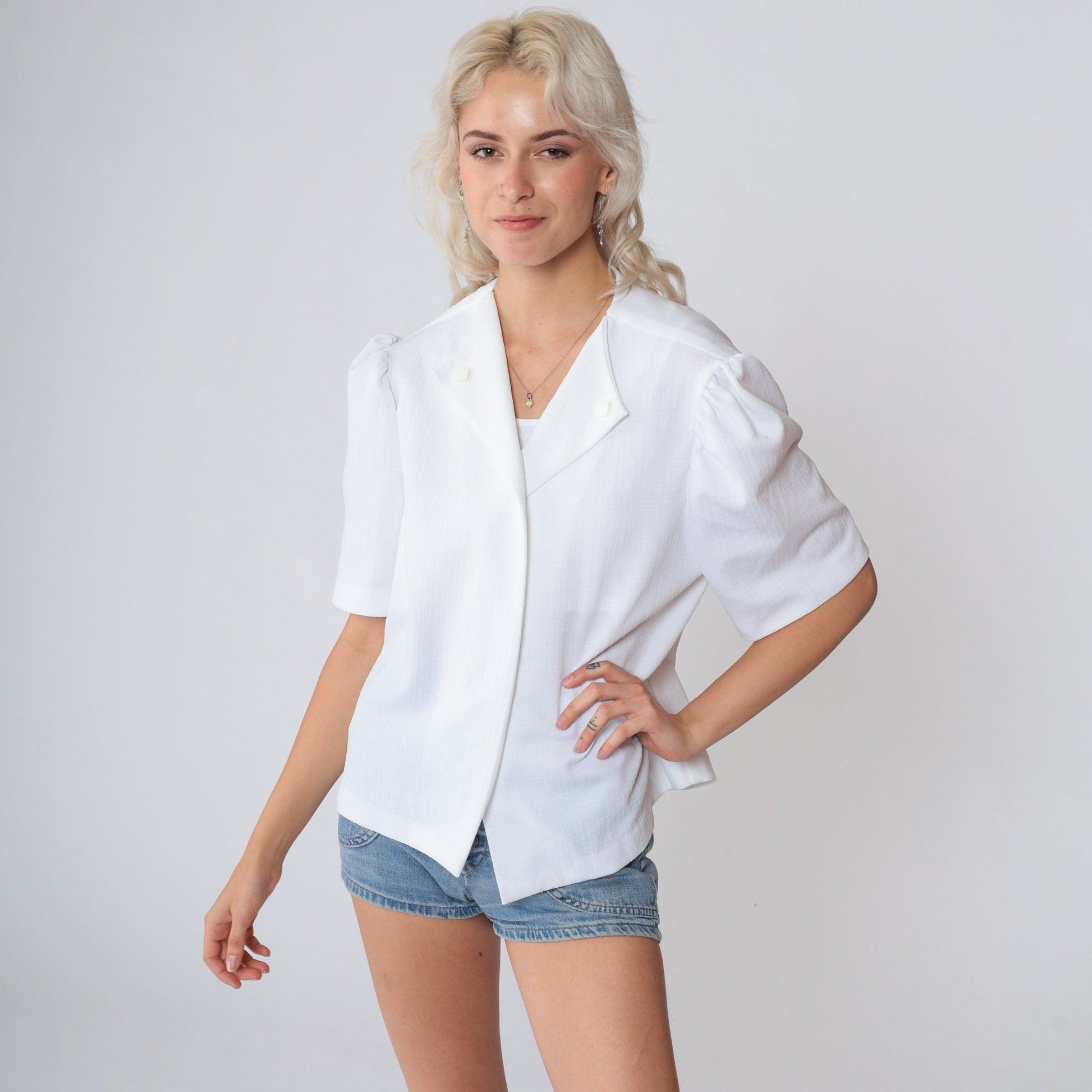 70s White Puff Sleeve Open Front Blouse Extra Large XL