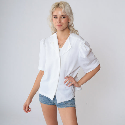 70s White Puff Sleeve Open Front Blouse Extra Large XL