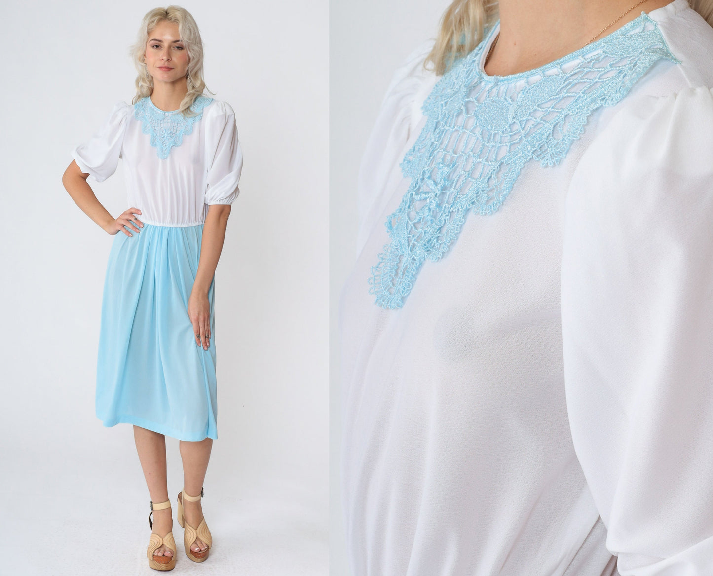 70s Puff Sleeve Midi Dress White Blue Floral Applique High Waist Small