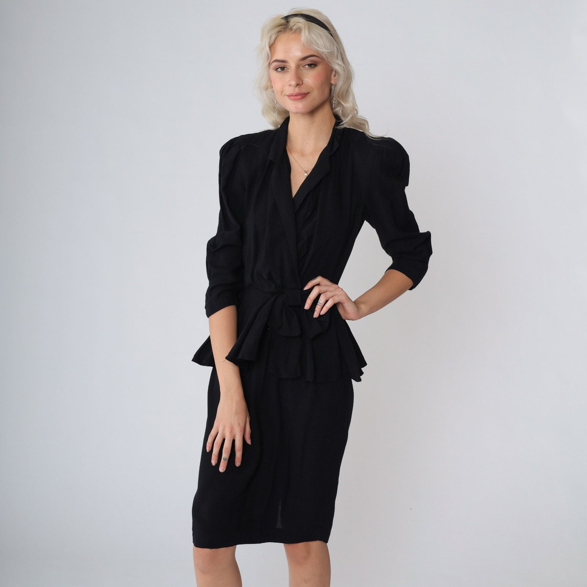 80s Jody California Black Peplum Dress V-Neck Puff Sleeve Knee Length Extra Small