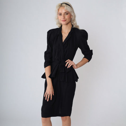 80s Jody California Black Peplum Dress V-Neck Puff Sleeve Knee Length Extra Small