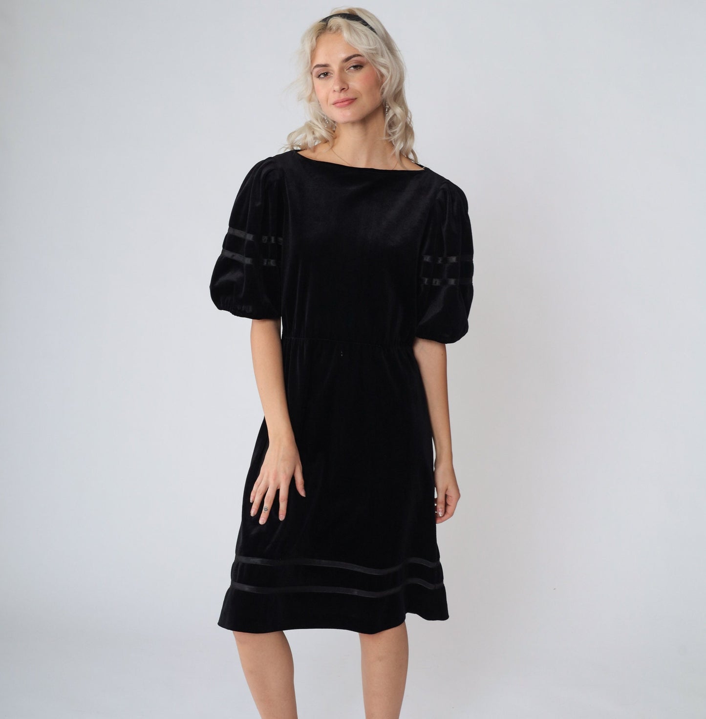 80s Black Velvet Midi Dress Puff Sleeve High Waist Ribbon Trim Small