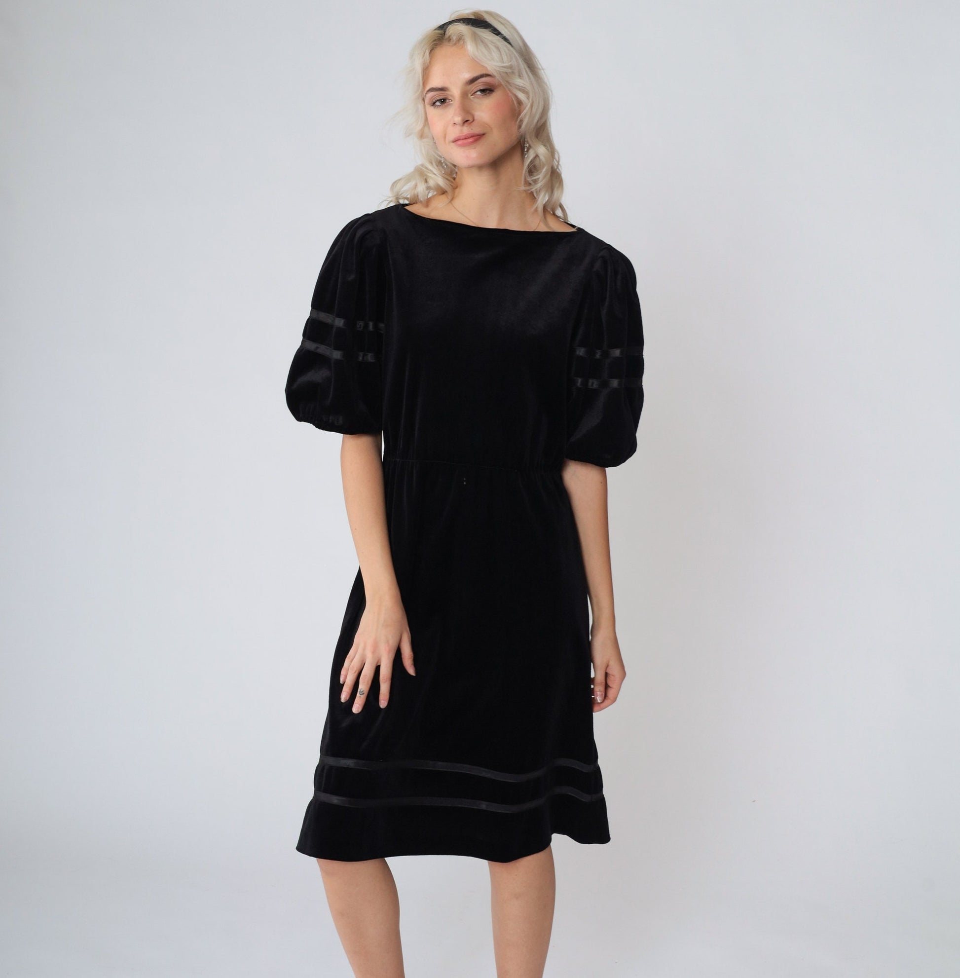 80s Black Velvet Midi Dress Puff Sleeve High Waist Ribbon Trim Small