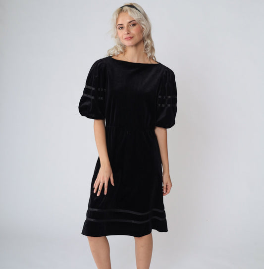 80s Black Velvet Midi Dress Puff Sleeve High Waist Ribbon Trim Small