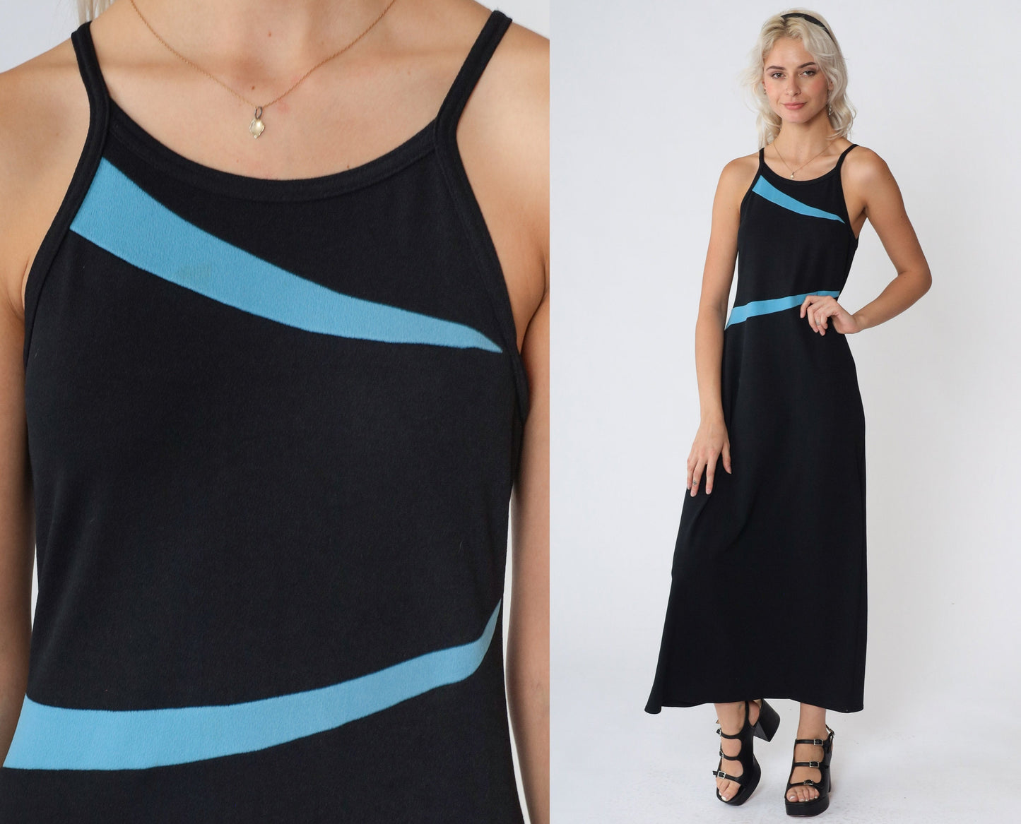 90s Black Maxi Dress Blue Asymmetrical Stripes High Neck Sleeveless Small