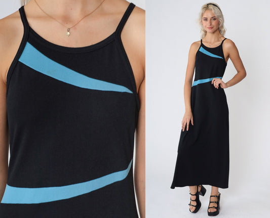 90s Black Maxi Dress Blue Asymmetrical Stripes High Neck Sleeveless Small