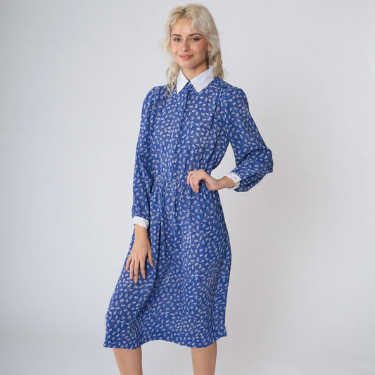 80s Blue Midi Dress Puff Sleeve White Collar Ditsy Dot Print High Waisted Small