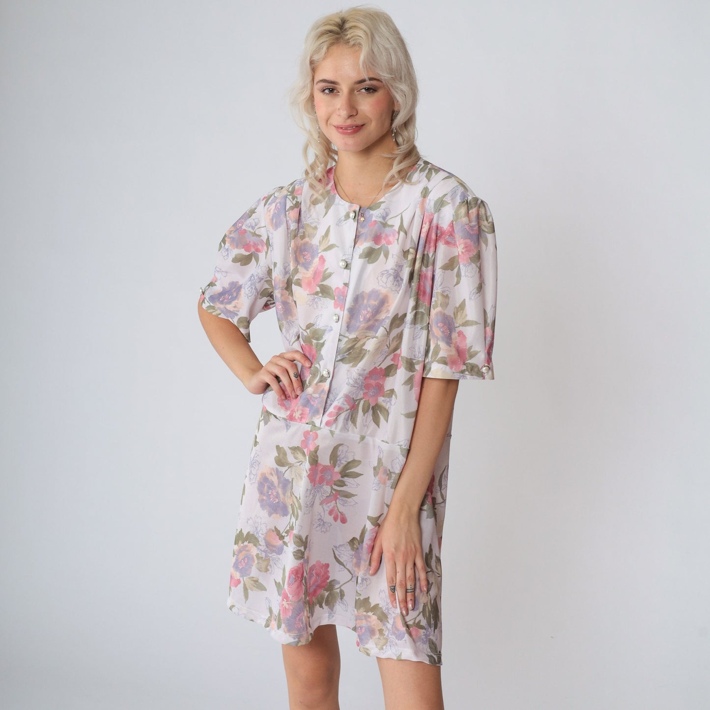 80s California Looks Floral Mini Dress Puff Sleeve High Waisted Plus Size XXL