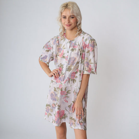 80s California Looks Floral Mini Dress Puff Sleeve High Waisted Plus Size XXL