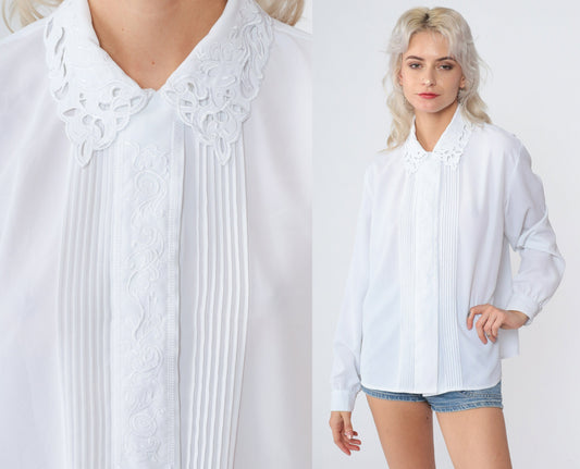 90s White Floral Embroidered Pleated Blouse Long Sleeve Collared Button-Up Large L