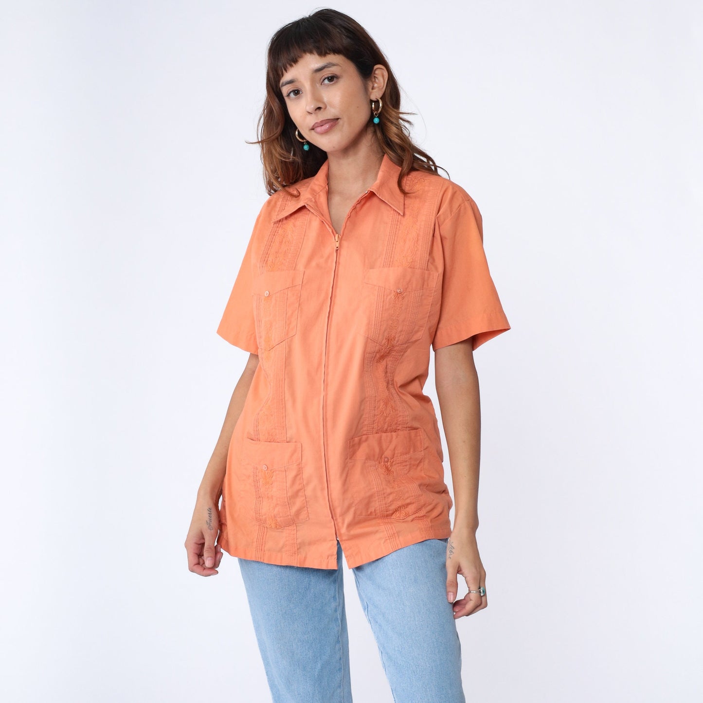 90s Orange Embroidered Cuban Zip Shirt Cotton Blend Chest Pockets Medium Large