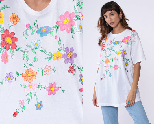 90s Fruit of the Loom Floral Hand Painted T-Shirt White Glitter Cotton Extra Large