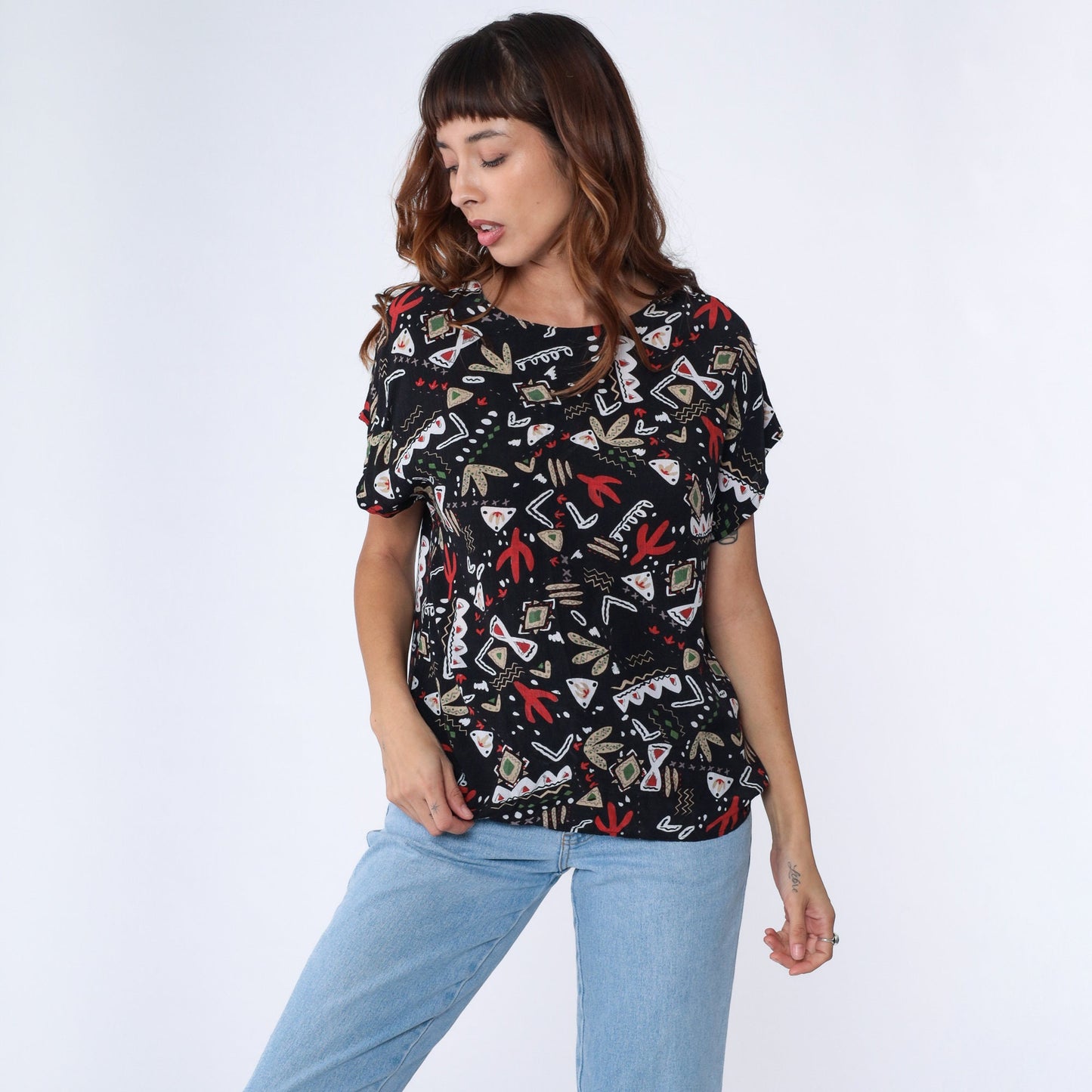 90s Black Saguaro Cactus All Over Print Shirt Southwest Geometric Large