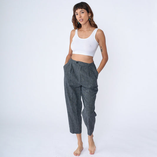80s Grey Pinstripe High-Rise Trousers Pleated Straight Leg Medium